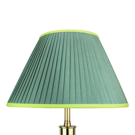 Empire jungle green knife pleated silk lampshade with lime trim handcrafted in England