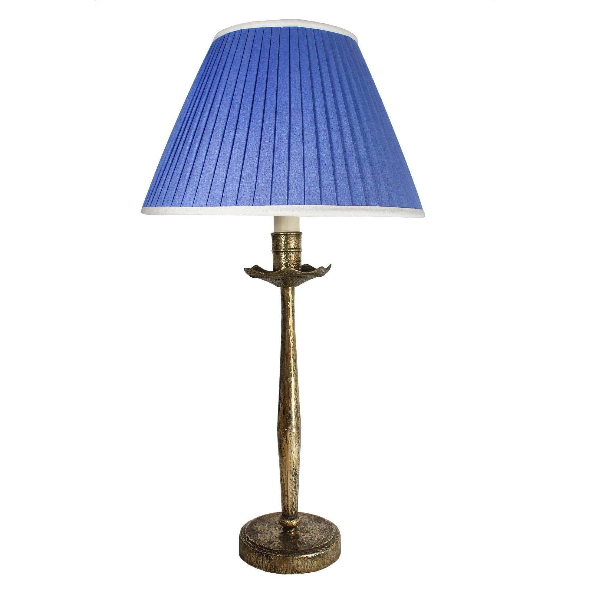 Ajax Table Lamp with antique brass base and blue Empire Ocean pleated lampshade
