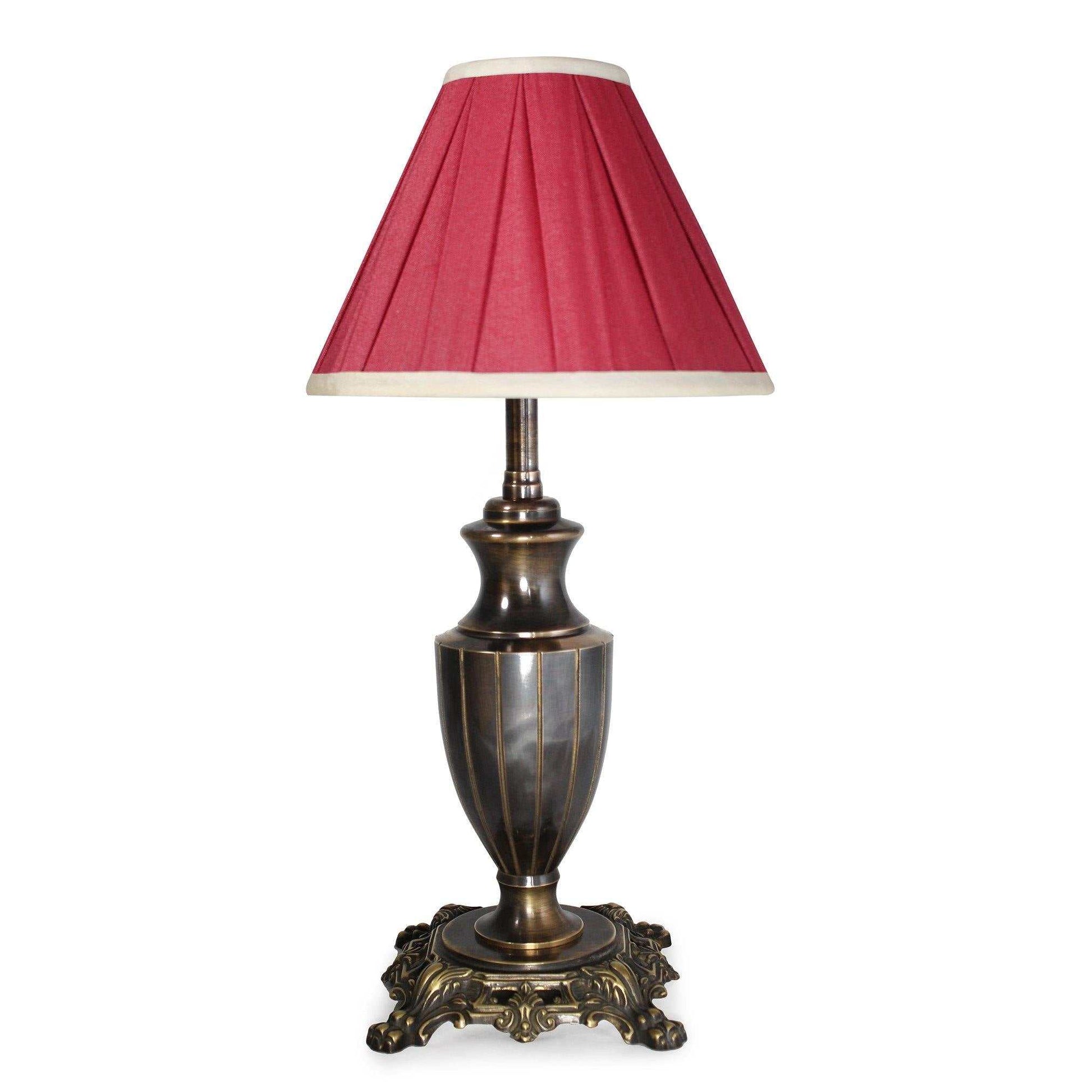Antique black brass Goblet table lamp with burgundy pleated shade, 28cm height, ornate base