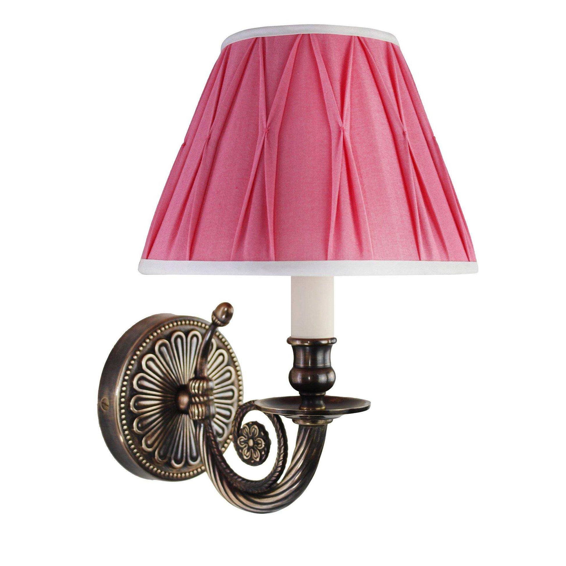 Imperial Wall Light with antique black brass ornamental backplate and classic arm, featuring a pink Empire Rose lampshade.