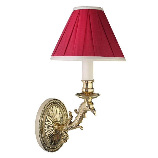 Phoenix Wall Light elegant polished brass wall lamp with burgundy pleated lampshade