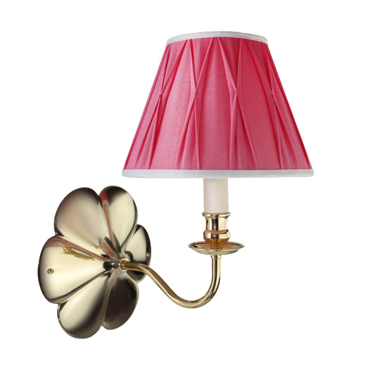 Daisy Wall Light with polished brass flower-shaped backplate and pink fabric Empire Rose lampshade