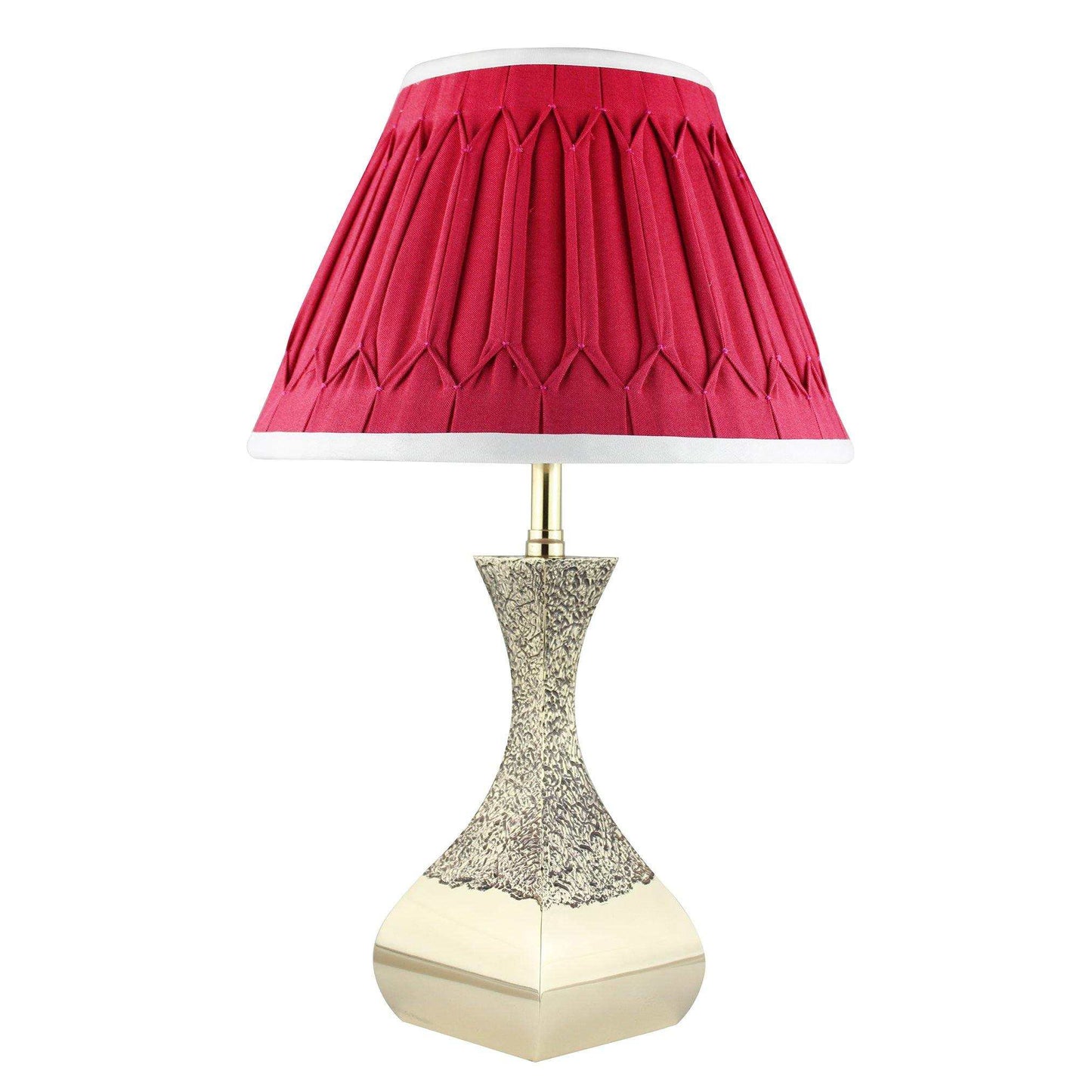 Elegant Rhombus Table Lamp with brass base and red Empire Cerise pleated lampshade