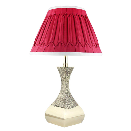 Elegant Rhombus Table Lamp with brass base and red Empire Cerise pleated lampshade
