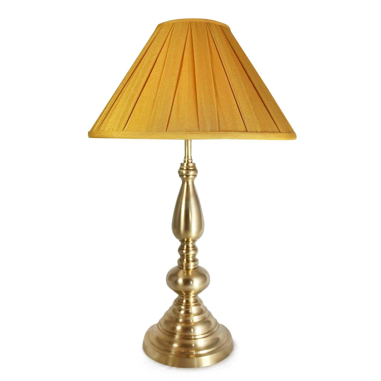 Carmen Table Lamp with distressed brass base and old gold pleated lampshade, classic elegant design