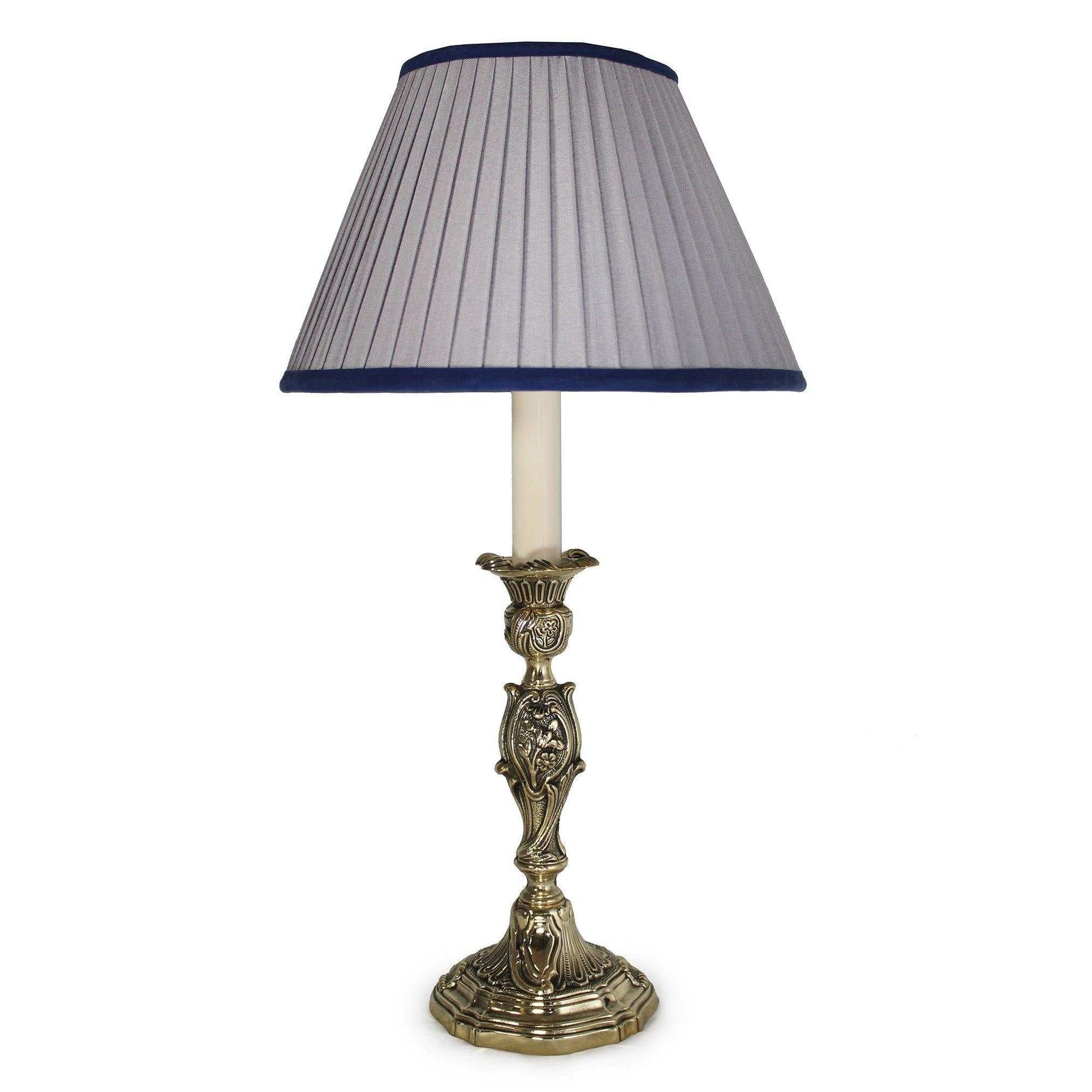 Meliora Table Lamp with polished brass base and Empire Elephant Grey pleated shade