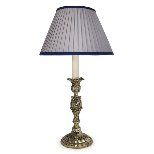 Meliora Table Lamp with polished brass base and Empire Elephant Grey pleated shade