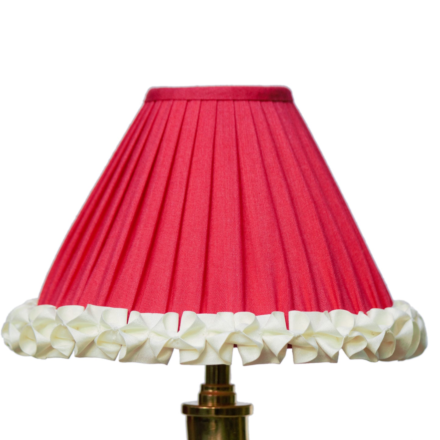 Coolie. Tulip Red/ Light Antung. Gathered with butterfly trim